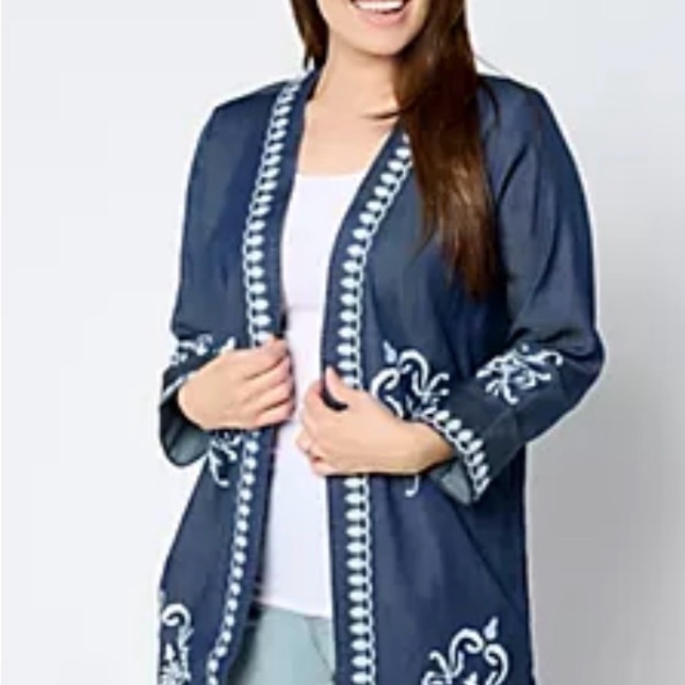 Susan Graver Navy Blue Embroidered Open-Front Jean Jacket